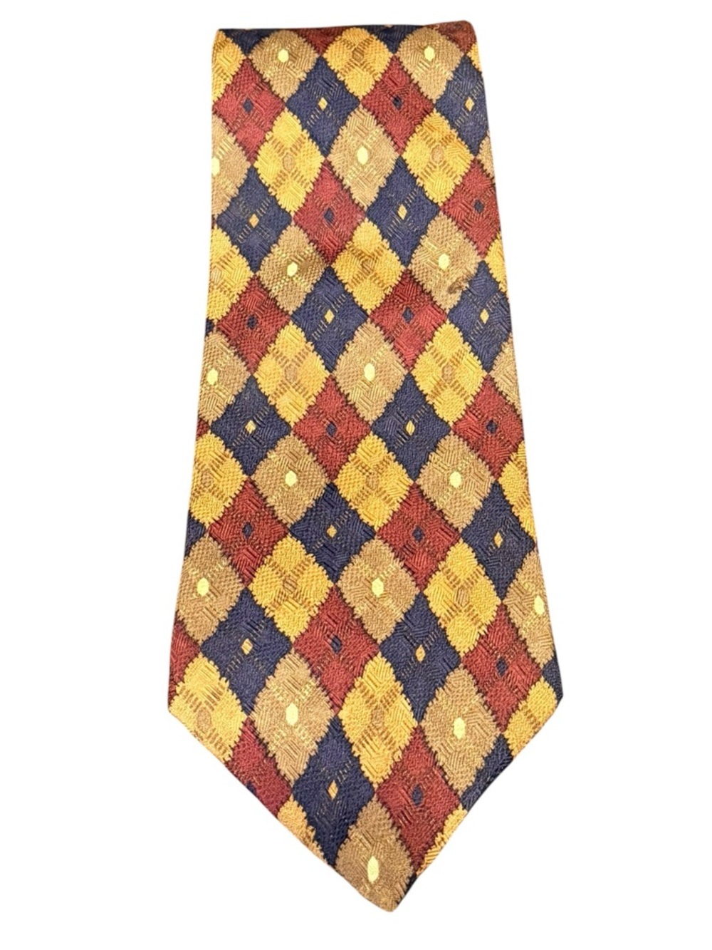 Vintage Perry Ellis Portfolio Italian Silk Tie Navy Burgundy Gold Harlequin